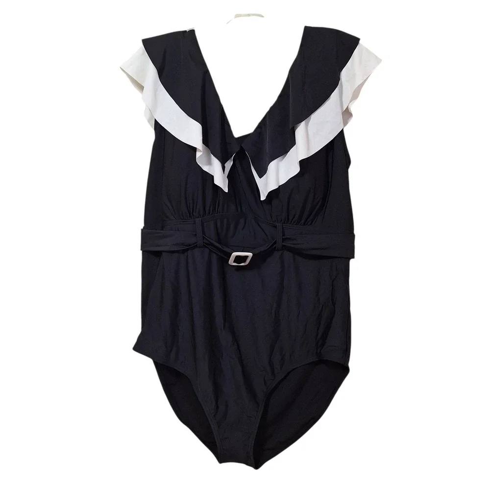BloomChic Womens US 22-24 Layered Ruffle Trim‎ Belted One Piece Swimsuit Black